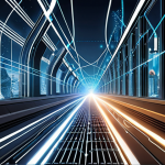 **Prompt:** A dynamic scene depicting a professional, a regulator, standing on a sophisticated, fast-moving platform resembling a train or a digital highway, looking forward into a rapidly evolving landscape. The background features a blend of modern European city architecture, interwoven with abstract digital elements like glowing data streams, AI network patterns, and blockchain symbols. The image should convey continuous adaptation, lifelong learning, and the challenges of staying ahead in a constantly changing regulatory environment driven by new technologies. The mood is forward-looking and engaged.
