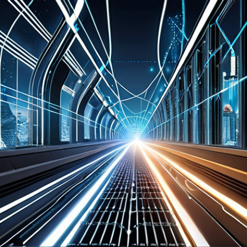 Home 7 **Prompt:** A dynamic scene depicting a professional, a regulator, standing on a sophisticated, fast-moving platform resembling a train or a digital highway, looking forward into a rapidly evolving landscape. The background features a blend of modern European city architecture, interwoven with abstract digital elements like glowing data streams, AI network patterns, and blockchain symbols. The image should convey continuous adaptation, lifelong learning, and the challenges of staying ahead in a constantly changing regulatory environment driven by new technologies. The mood is forward-looking and engaged.