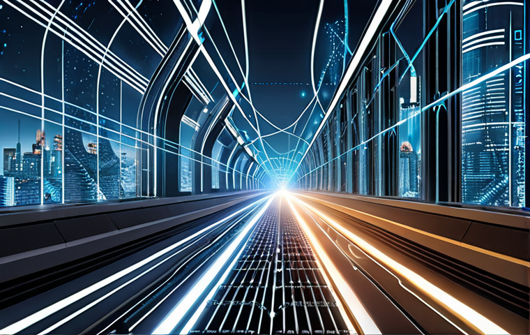 **Prompt:** A dynamic scene depicting a professional, a regulator, standing on a sophisticated, fast-moving platform resembling a train or a digital highway, looking forward into a rapidly evolving landscape. The background features a blend of modern European city architecture, interwoven with abstract digital elements like glowing data streams, AI network patterns, and blockchain symbols. The image should convey continuous adaptation, lifelong learning, and the challenges of staying ahead in a constantly changing regulatory environment driven by new technologies. The mood is forward-looking and engaged.
