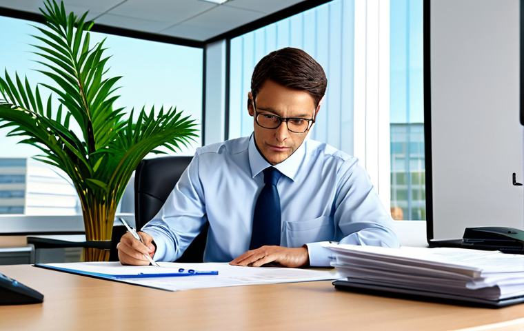 규제요원의 직무별 세부 역할 - "A professional regulatory compliance officer, fully clothed in a modest business attire, meticulous...