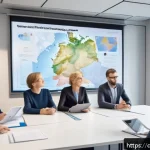 규제 관련 주요 용어 해설 - A modern German office environment showing a diverse group of professional employees engaged in a co...