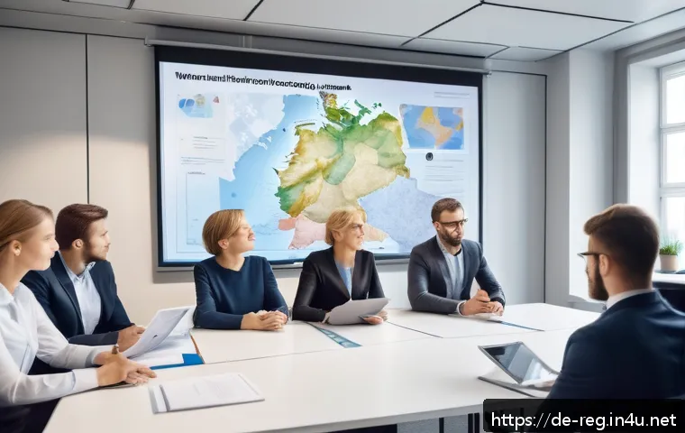 규제 관련 주요 용어 해설 - A modern German office environment showing a diverse group of professional employees engaged in a co...
