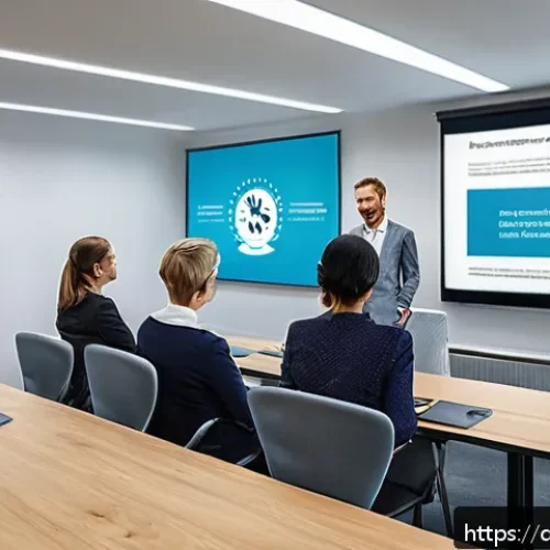 규제요원의 온라인 강의 추천 - A modern office training room in Germany with diverse professionals attending an interactive complia...