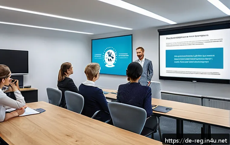 규제요원의 온라인 강의 추천 - A modern office training room in Germany with diverse professionals attending an interactive complia...