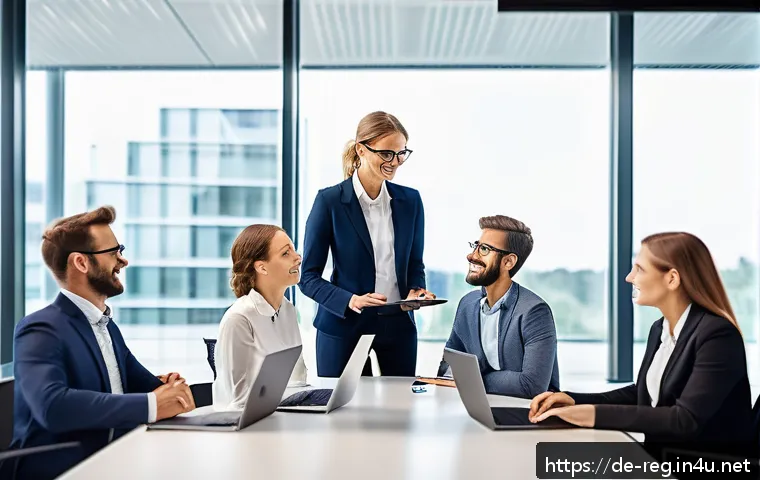 규제요원의 팀워크 증진 방안 - A modern regulatory office team collaborating around a large conference table in a bright, spacious ...