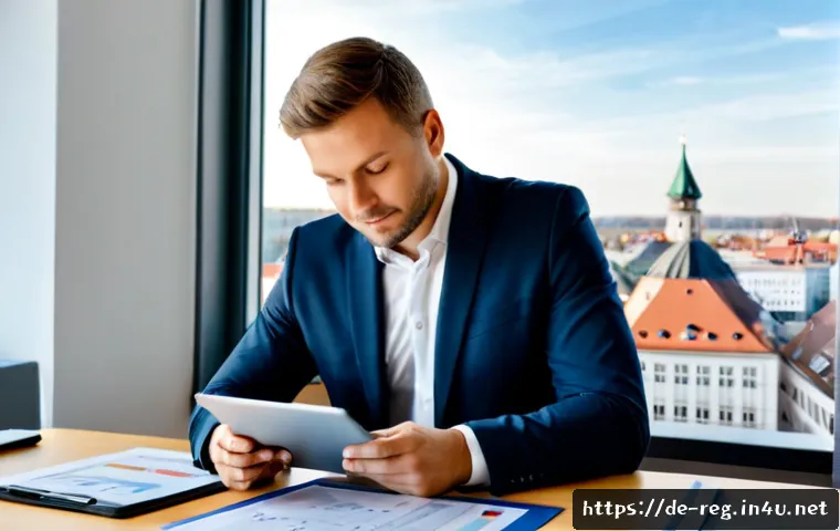 규제 업무의 장점과 단점 - Photorealistic regulatory affairs professional in a modern German office, calmly reviewing organized...