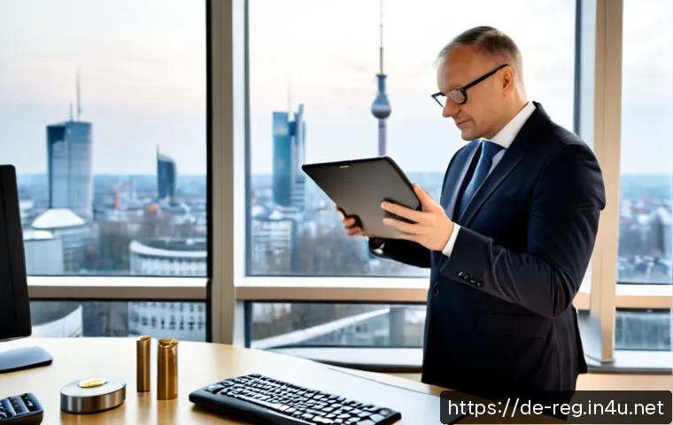 규제요원 연봉 데이터 및 트렌드 - Photorealistic German regulatory compliance officer in a modern Frankfurt office, middle-aged profes...